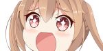  +_+ 1girl brown_eyes brown_hair close-up eyebrows_visible_through_hair hair_between_eyes kantai_collection light_brown_hair long_hair looking_at_viewer murasame_(kantai_collection) no_nose open_mouth simple_background sin-poi solo sparkling_eyes symbol-shaped_pupils twintails white_background 
