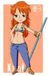 1girl bikini_top character_name chibi denim jeans long_hair nami_(one_piece) one_piece orange_hair pants smile solo staff umka_san weapon 