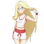  10s 1girl blue_eyes female gym_leader hair_down koruni_(pokemon) long_hair midriff nintendo pokemon pokemon_(anime) pokemon_(game) pokemon_xy shorts shoulders smile solo tank_top transparent_background very_long_hair wristband 