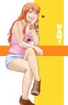  1girl bracelet character_name chin_rest closed_eyes grin heart jewelry knee_up legs_crossed long_hair nami_(one_piece) one_piece orange_hair piyokichi_(kichinko) sandals shorts sitting smile solo striped striped_background tank_top tattoo thighs 