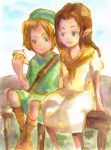  1boy 1girl blonde_hair blue_eyes boots brown_hair dress fence hat instrument link long_hair maichimonji malon nintendo ocarina pointy_ears sitting the_legend_of_zelda the_legend_of_zelda:_ocarina_of_time 