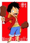  1boy character_name chibi denim denim_shorts food hat headwear_removed male_focus meat monkey_d_luffy one_piece open_clothes open_mouth open_shirt red_shirt sandals sash scar shirt shorts smile solo stampede_string umka_san 