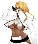  1girl 3 aqua_eyes arrancar bleach blonde_hair breasts dark_skin large_breasts long_hair midriff number solo tier_harribel under_boob unzipped 