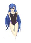  1girl akame_ga_kill! alternate_costume aqua_hair blue_eyes blue_hair blush breasts cleavage competition_swimsuit esdeath highres long_hair looking_at_viewer one-piece_swimsuit solo standing swimsuit tattoo thighs very_long_hair white_background 