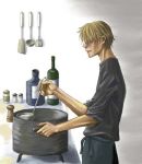  1boy blonde_hair bottle chef cooking kitchen ladle lowres male_focus one_piece pepper pot pyroxxxxx salt sanji solo 