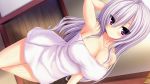  1girl armpits arms_up bare_shoulders blush breasts cleavage collarbone game_cg huge_breasts legs long_hair looking_at_viewer purple_hair solo standing syroh thighs towel violet_eyes yakimochi_stream 