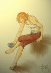  1girl capri_pants nami_(one_piece) one_piece orange_hair pants pyroxxxxx sandals short_hair sitting solo tank_top 