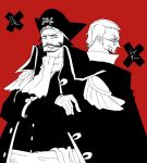 2boys back-to-back color_background crossed_arms facial_hair glasses gol_d._roger hat jacket monochrome multiple_boys mustache one_piece pirate red_background sash shivanel silvers_rayleigh souji_(souji-59)