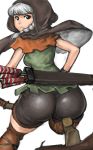  1girl 66head arrow ass black_eyes boots bow_(weapon) braid breasts cloak dragon&#039;s_crown elf_(dragon&#039;s_crown) female from_behind hood hooded_cloak looking_at_viewer looking_back shorts sideboob silver_hair solo vanillaware weapon 