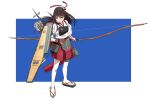  1girl akagi_(kantai_collection) bow_(weapon) brown_eyes brown_hair commentary_request flight_deck highres japanese_clothes kantai_collection kinosuke_(sositeimanoga) long_hair md5_mismatch muneate outside_border pleated_skirt simple_background skirt smile solo thigh-highs weapon white_legwear zettai_ryouiki 