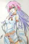  1girl bare_shoulders breasts green_eyes luna_(yuu-gi-ou_zexal) pink_hair purple_hair solo white_background yu-gi-oh! yuu-gi-ou_zexal 