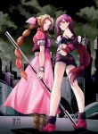  2girls aerith_gainsborough bow brown_hair earrings eudetenis final_fantasy final_fantasy_vii from_behind gloves green_eyes hair_bow jewelry long_hair looking_at_viewer looking_back low-tied_long_hair multiple_girls skirt staff standing tied_hair tifa_lockhart very_long_hair weapon 