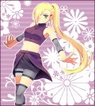  1girl amaou blonde_hair blue_eyes breasts earrings female floral_background hair_ornament hair_over_one_eye hairclip jewelry long_hair looking_at_viewer midriff naruto naruto_shippuuden navel ponytail smile solo very_long_hair yamanaka_ino 
