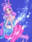  1girl alternate_costume blue_eyes heartima japanese_clothes mermaid monster_girl obi one_piece pink_hair princess sash shirahoshi sitting solo 