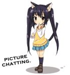  1girl :&lt; animal_ears bad_id black_hair brown_eyes cat_ears cat_tail hard_translated k-on! long_hair nakano_azusa ro_man school_uniform solo sweater_vest tail translated twintails 