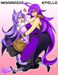  2girls agawa_ryou age_difference ahoge animal_ears bare_shoulders black_wings breasts cape cat_ears cat_tail dress female gloves high_heels hug large_breasts long_hair multiple_girls open_mouth purple_hair red_eyes shoes tail very_long_hair violet_eyes wings 