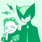  2boys cape cartoon_network dc_comics gizmo_(dc) goggles goggles_on_head green hat kyd_wykkyd lowres monochrome multiple_boys okayu pixel_art solid_eyes teen_titans wrench 