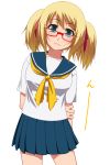  1girl aqua_eyes blonde_hair frown glasses hair_ribbon hayashi_custom looking_at_viewer original pleated_skirt red-framed_glasses ribbon school_uniform senjugiku_tabane serafuku short_hair simple_background skirt solo standing translation_request twintails white_background 