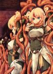  1girl armor arms_up blonde_hair blue_eyes closed_mouth female kirishima_satoshi long_hair restrained solo tentacle 