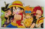  4boys black_hair brothers chibi dracule_mihawk fire freckles graphite_(medium) hat jewelry monkey_d_luffy multiple_boys necklace one_piece onexone open_clothes open_shirt portgas_d_ace red_shirt redhead sash shanks shirt siblings smiley straw_hat topless traditional_media yellow_eyes yoru_(one_piece) 