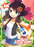  1girl blue_eyes brown_hair character_name denim denim_shorts flower frame hair_flower hair_ornament high_ponytail idolmaster long_hair niimura_(csnel) open_mouth parasol parody pokemon pokemon_(game) pokemon_bw shorts sleeveless touko_(pokemon) umbrella vest victini 