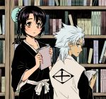  1boy 1girl afglo black_hair bleach blush book bookshelf brown_eyes bun_cover from_behind green_eyes hair_bun haori hinamori_momo hitsugaya_toushirou holding_book japanese_clothes looking_at_viewer looking_back sash taichou_haori white_hair 