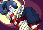  1girl bare_shoulders blue_skin detached_sleeves dress hair_over_one_eye leviathan_(skullgirls) looking_at_viewer red_eyes skull skullgirls smile socks squigly_(skullgirls) stitched_mouth striped striped_legwear striped_sleeves zombie 