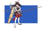  1girl akagi_(kantai_collection) bow_(weapon) brown_eyes brown_hair flight_deck food headband highres japanese_clothes kantai_collection kinosuke_(sositeimanoga) long_hair md5_mismatch muneate onigiri outside_border pleated_skirt simple_background skirt smile solo thigh-highs weapon white_legwear zettai_ryouiki 