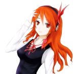  1girl akame_ga_kill! chelsea_(akame_ga_kill!) female jpeg_artifacts long_hair looking_at_viewer orange_hair red_eyes simple_background smile solo white_background 