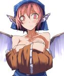  1girl animal_ears bare_shoulders blush breast_hold collarbone covering covering_breasts crossed_arms daitoutei embarrassed head_scarf japanese_clothes looking_at_viewer mystia_lorelei off_shoulder okamisty pink_eyes pink_hair short_hair simple_background solo touhou upper_body white_background wings 