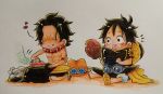  2boys black_hair brothers chibi food graphite_(medium) hat iron meat monkey_d_luffy multiple_boys one_piece onexone portgas_d_ace siblings sitting traditional_media 