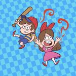  1boy 1girl ape_(company) baseball_bat bow braces brother_and_sister brown_hair checkered checkered_background child crossover dipper_pines disney disney_xd gravity_falls hair_bow hal_laboratory_inc. jpeg_artifacts mabel_pines md5_mismatch mother_(game) mother_2 ness ness_(cosplay) nintendo paula_polestar paula_polestar_(cosplay) siblings twins 