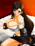  1girl bed black_hair blush breasts cleavage earrings final_fantasy final_fantasy_vii fingerless_gloves gloves jewelry large_breasts licking_lips long_hair looking_at_viewer low-tied_long_hair midriff ms-098-3 navel red_eyes redhead seductive_smile sitting skirt smile solo tied_hair tifa_lockhart tongue tongue_out 