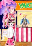  1boy 1girl alternate_costume chef festival food ghost heart japanese_clothes kimono one_piece perona pink_hair sanji stall umbrella walking 
