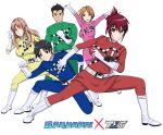  2boys 3girls belt black_eyes black_hair blue blue_eyes boots breasts brown_eyes brown_hair cosplay crossover gloves green green_kaminari highres koumi_haruka large_breasts logo looking_at_viewer multiple_boys multiple_girls pink pose rail_wars! red redhead ressha_sentai_toqger sakurai_aoi sasshou_mari sentai simple_background super_sentai takayama_naoto white_background yellow 