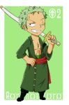  1boy character_name chibi green_hair hand_on_hip male_focus one-eyed one_piece robe roronoa_zoro smile solo sword umka_san weapon 