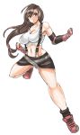  1girl black_hair breasts cleavage earrings final_fantasy final_fantasy_vii fingerless_gloves full_body gloves jewelry large_breasts long_hair low-tied_long_hair midriff muscle navel red_eyes simple_background skirt solo suspenders tied_hair tifa_lockhart white_background 
