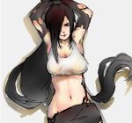  1girl arms_up beaten black_hair brown_eyes final_fantasy final_fantasy_vii hair_over_one_eye injury long_hair looking_at_viewer lying midriff navel on_back restrained solo suspenders tifa_lockhart torn_clothes very_long_hair 