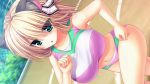  1girl animal_ears blonde_hair blue_eyes blush breasts cat_ears collarbone game_cg huge_breasts legs looking_away navel running short_hair solo standing syroh thighs track_and_field yakimochi_stream 