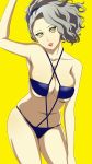  1girl bikini breasts large_breasts looking_at_viewer margaret persona persona_4 silver_hair solo swimsuit yellow_background yellow_eyes 