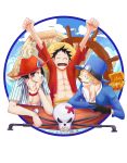  3boys bracelet brothers chest coin cravat hat highres jewelry map money monkey_d_luffy multiple_boys necklace one_piece open_clothes open_shirt pole portgas_d_ace professorh red_shirt sabo_(one_piece) scar shirt siblings skull smile stampede_string straw_hat striped striped_shirt top_hat 