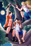  3boys brothers eating food meat monkey_d_luffy multiple_boys night one_piece portgas_d_ace sabo_(one_piece) siblings tree yun_(artist) 