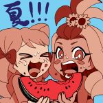  2girls blush closed_eyes eating female food fruit multiple_girls original stella_gakuen text translation_request watermelon yuki_touko 