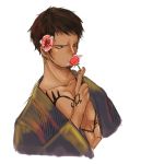  1boy earrings flower flower_behind_ear highres jewelry male_focus one_piece open_clothes open_shirt shirt solo tattoo trafalgar_law 