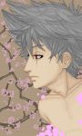  1boy devas grey_hair hatake_kakashi male_focus naruto pixel_art profile red_eyes sakura_tree solo topless 