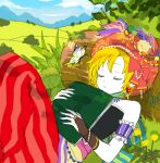  1girl blonde_hair blue_nails butterfly closed_eyes earrings final_fantasy final_fantasy_vi hat jewelry kiisa lying nail_polish on_back outdoors pants relm_arrowny sleeping solo striped striped_legwear vertical-striped_legwear vertical_stripes 