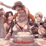 1girl 5boys bottle cake candle cup curly_dadan dessert dogra earrings fire food freckles fruit goggles hat jewelry magra monkey_d._luffy mug multiple_boys necklace neftis one_piece portgas_d._ace sabo_(one_piece) scar smile stampede_string straw_hat strawberry tablecloth tears turban