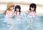  3girls :d ;d absurdres aiba_asagi barefoot bathing blonde_hair blue_eyes breasts brown_eyes cleavage collarbone detexted feet flat_chest highres himeragi_yukina legs long_hair minamiya_natsuki multiple_girls naked_towel official_art one_eye_closed open_mouth partially_submerged pink_eyes sitting smile splashing strike_the_blood towel water 