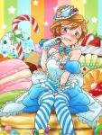  1girl blush brown_hair idolmaster idolmaster_cinderella_girls short_hair solo striped striped_legwear thigh-highs yoshioka_saki 