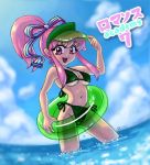  1girl bikini blush clouds dutch_angle giffany gravity_falls happy innertube long_hair looking_at_viewer navel ocean open_mouth outdoors pink_eyes pink_hair ponytail sidelocks sky smile solo swimsuit translated under_boob wading 